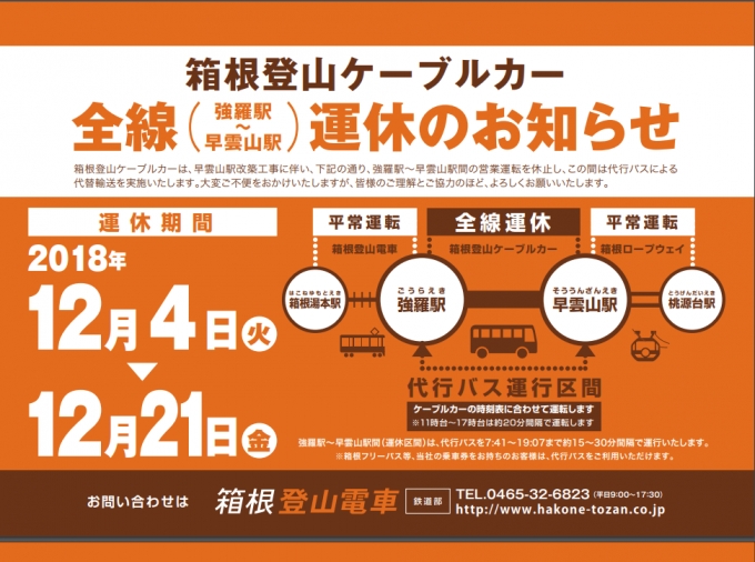 ニュース画像：箱根登山ケーブルカー運休のお知らせ - 「箱根登山ケーブルカー、早雲山駅の工事に伴い運転休止」
