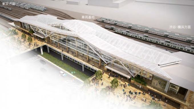 ニュース画像：品川新駅の鳥瞰イメージ - 「JR東日本、品川〜田町間の新駅工事に着工 2020年の完成を予定」