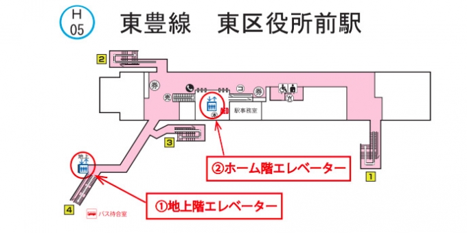 画像：更新エレベーター 位置 - 「札幌市交通局、東豊線東区役所前駅でエレベーター更新工事を実施」