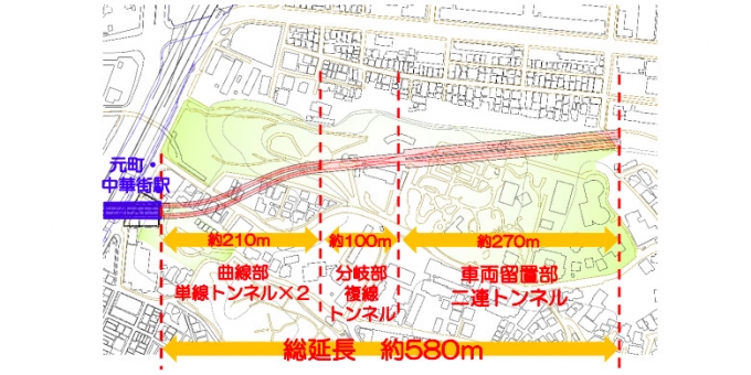 ニュース画像：留置場の設置位置 - 「元町・中華街駅付近にトンネル建設 みなとみらい線に車両留置場新設へ」