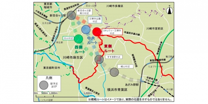 ニュース画像：概略ルート・駅位置図 - 「横浜市と川崎市、ブルーラインを新百合ヶ丘まで延伸へ」