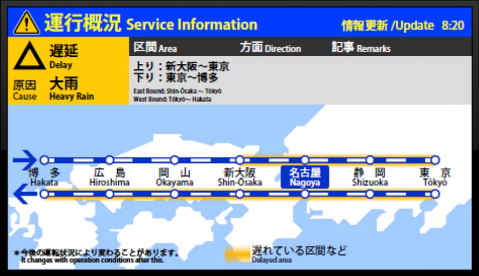 ニュース画像：液晶電光掲示板における、自然災害など列車に遅れが生じた時の表示例 - 「東海道新幹線、駅電光板をLEDから液晶モニタに変更へ 運行状況を図示」