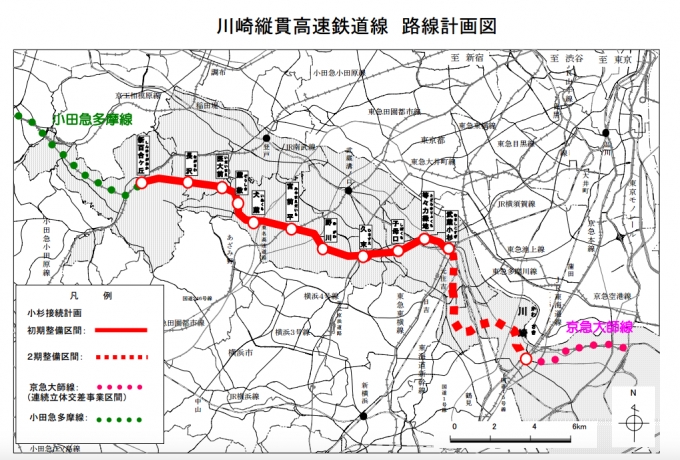 ニュース画像：川崎縦貫高速鉄道線 路線計画図 - 「川崎市、縦貫鉄道構想を「休止」から「廃止」へ 交通計画見直しで」