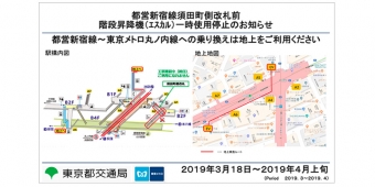 ニュース画像：エスカル 運転停止 告知 - 「都営新宿線の小川町駅、工事に伴い階段昇降機の運転を停止 」