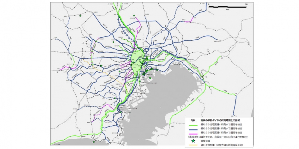 ニュース画像：終電の延長を検討している路線 - 「首都圏の鉄道各社、五輪・パラリンピック期間中は終電延長を検討へ」