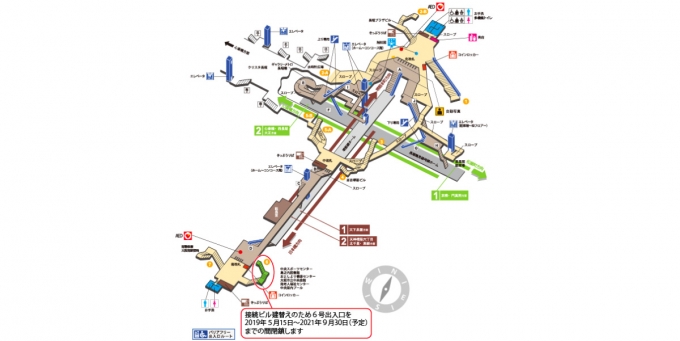 ニュース画像：閉鎖出入り口の位置 - 「大阪メトロ堺筋線、長堀橋駅6号出入口を一時閉鎖」