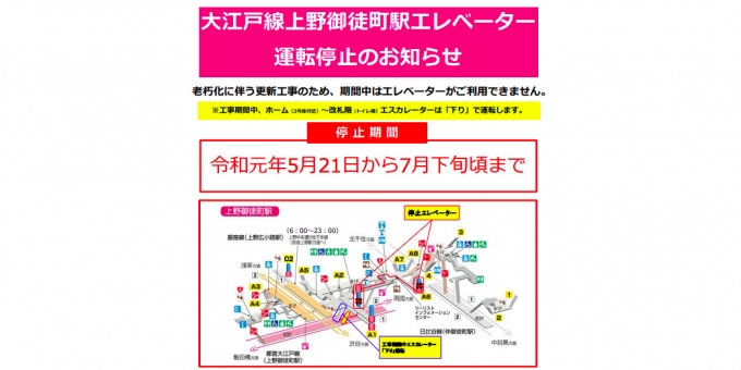 大江戸線 上野御徒町駅エレベーター2台で更新工事 運転を停止 Raillab ニュース レイルラボ