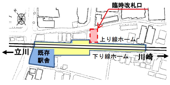 画像：臨時改札口の位置 - 「南武線の中野島駅、上りホーム接続の臨時改札口を6月7日から使用開始」