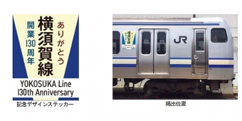 ニュース画像：掲出位置とステッカーのイメージ - 「横須賀線のE217系を装飾、大船～横須賀間開業130周年記念の一環」