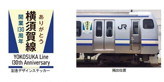 画像：掲出位置とステッカーのイメージ - 「横須賀線のE217系を装飾、大船～横須賀間開業130周年記念の一環」