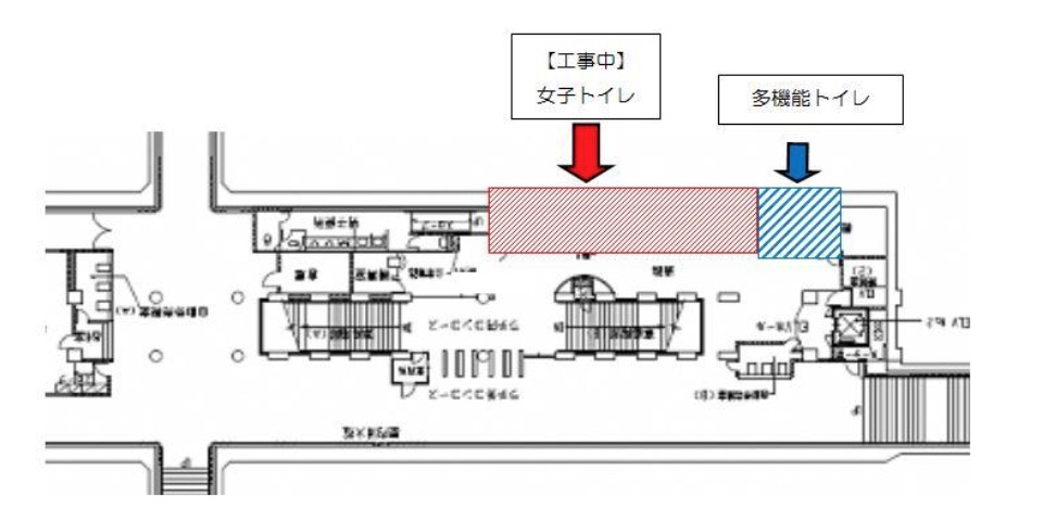 ニュース画像：閉鎖トイレの位置 - 「横浜市交通局、阪東橋駅で工事に伴い第5出入口と女性用トイレを一時閉鎖」