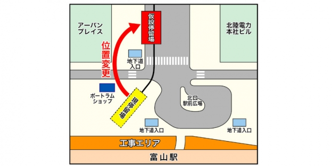 画像：仮設停留場の位置 - 「富山駅北停留場が仮設乗り場に変更 富山地鉄との直結化工事で」