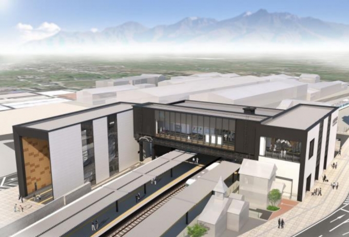画像：山梨市駅 全体完成イメージパース - 「JR東日本、山梨市駅を橋上駅舎に建て替えへ 2020年度完成を予定」