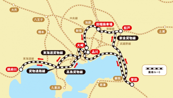 画像：乗車ルート - 「阪急交通社、 貨物線を走行するお座敷列車「華」の日帰りツアー発売中」