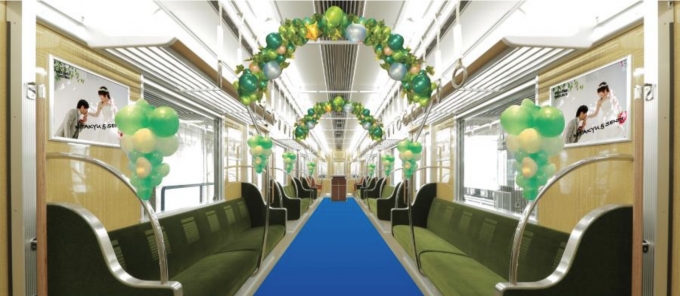 ニュース画像：特別装飾した電車内イメージ - 「北大阪急行、千里阪急ホテルと貸切電車挙式「ウエディングトレイン」実施」