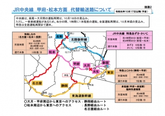 ニュース画像：JR中央線 甲府・松本方面 代替輸送路 - 「身延線、中央線運転見合せで臨時列車 東京〜甲府間の輸送を代替」