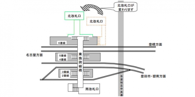 画像：位置変更の概要 - 「知立駅、12月14日始発から仮駅舎に切り替え 北改札口も位置変更」