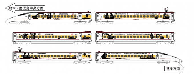 ニュース画像：キャタピラー社ラッピング新幹線 デザイン - 「九州新幹線800系がキャタピラー社のラッピング、現場のHERO応援」