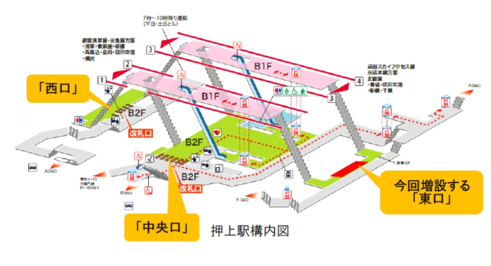 ニュース画像：各改札の位置 - 「浅草線、京成線の押上駅、東口改札の供用を開始」