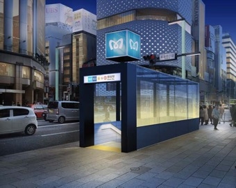 画像：銀座4丁目交差点 出入り口 イメージ - 「東京メトロ、銀座駅のリニューアルデザインを公表 ラインカラーで光の演出」