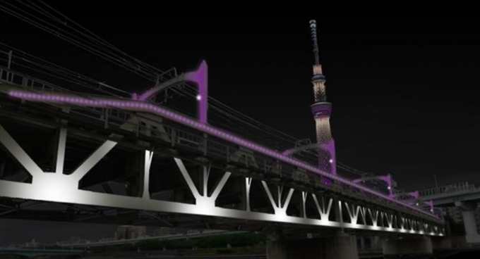 ニュース画像：東京スカイツリーのライティングとの コラボレーションイメージ - 「東武鉄道、2018年4月から隅田川橋梁をライトアップ スカイツリーとコラボ光色」