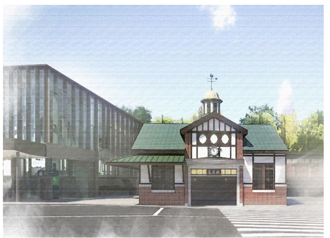 画像：旧駅舎建物の外観を再現する建物イメージ図 - 「旧原宿駅舎、オリ・パラ延期で解体早まる」