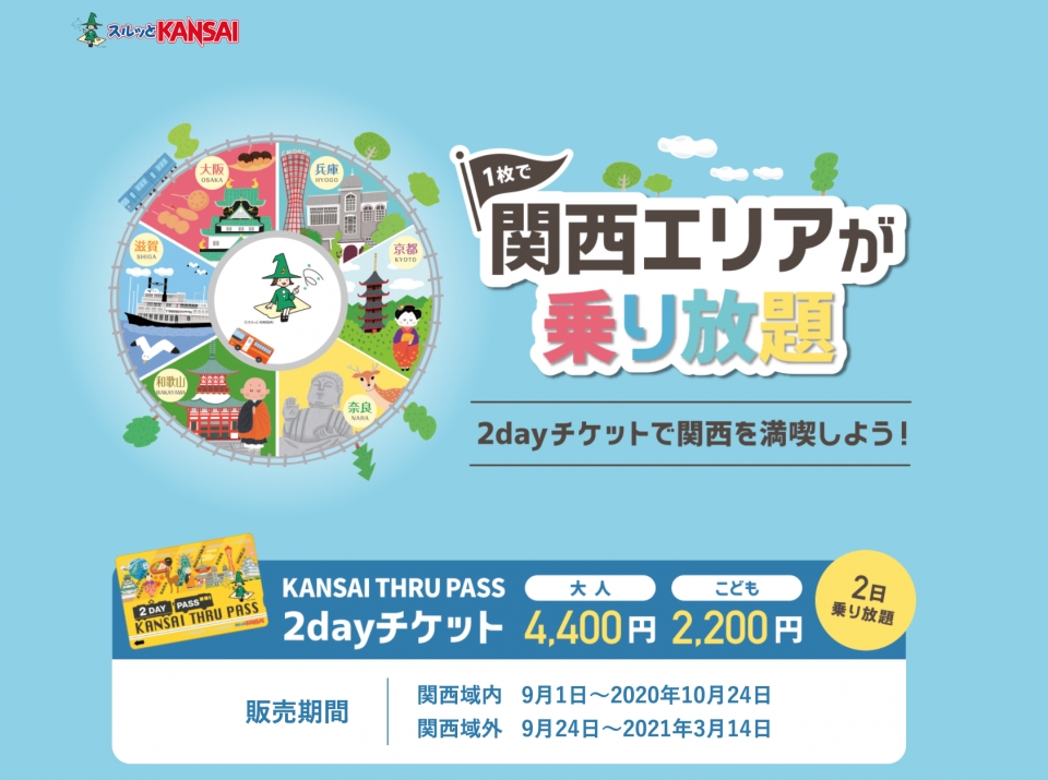 ニュース画像：KANSAI THRU PASS 2day チケット - 「関西38社の鉄道やバス2日間乗り放題のチケット、4年ぶりに発売」