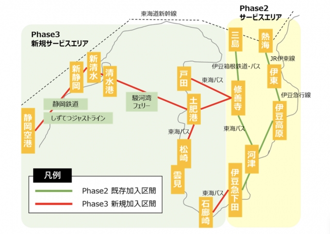 ニュース画像：観光型MaaS「Izuko」Phase3 対象エリア - 「観光型MaaS「Izuko」、11月から第3弾開始 清水も対象に」