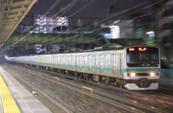 ニュース画像：流し撮りで撮影された常磐線 E231系