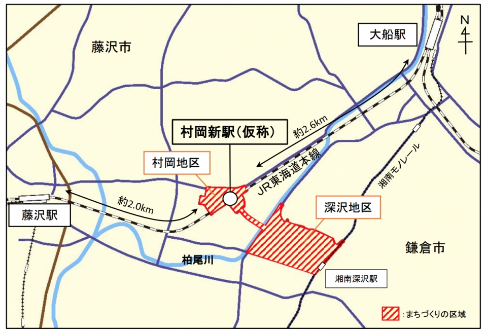 ニュース画像：新駅の位置図 - 「東海道線の大船〜藤沢間に「村岡新駅」、JR東と自治体が合意」