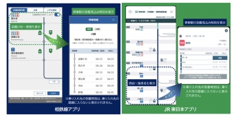 ニュース画像：列車走行位置と時刻表示の画面図 - 「相鉄・JR直通線、両社アプリで列車走行位置を表示」