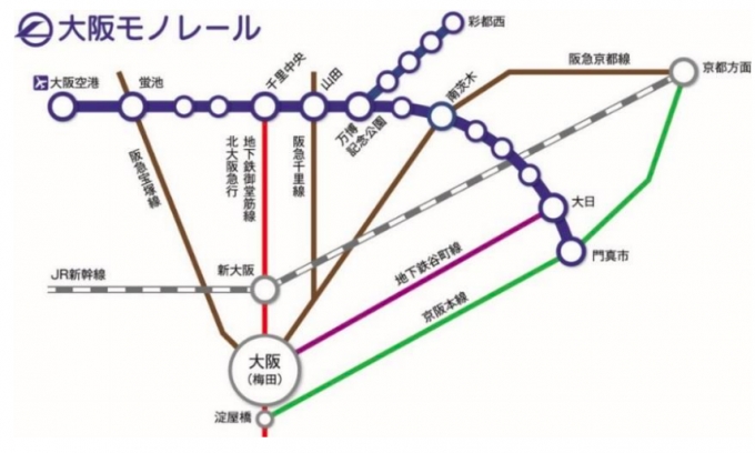 画像：大阪モノレール 路線 - 「大阪モノレール、11月30日から訪日外国人向けに無料Wi-Fiサービスを開始」