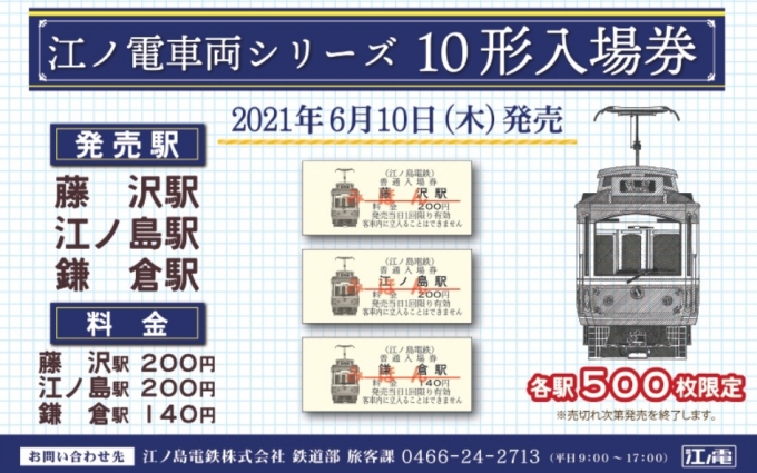 画像：江ノ電車両シリーズ入場券　１０形 - 「江ノ電車両シリーズ入場券、第3弾は10形」