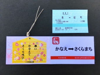 ニュース画像：「鼎〜桜町」間の普通乗車券「願いかなえてさくら咲け」の絵馬台紙付き