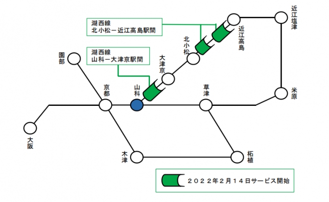 画像：今回の通信サービス開始区間 - 「湖西線、山科〜大津京・北小松〜近江高島間トンネルで携帯電話通信可能に」