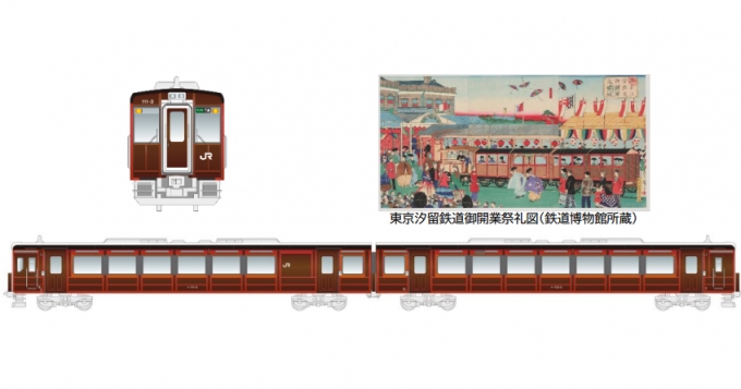 画像：レトロラッピング車両 デザイン - 「レトロ塗装のキハ110系が仙台～新庄間に登場、鉄道開業150年記念で」