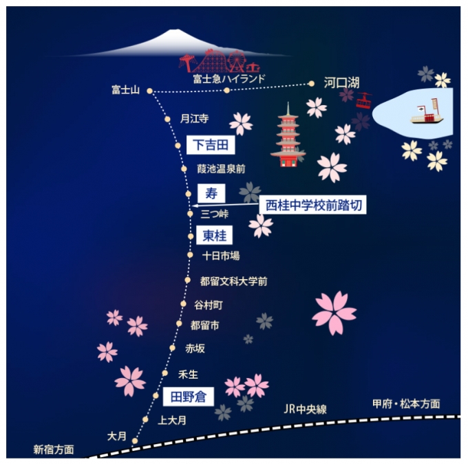 画像：ライトアップ箇所 - 「富士急行線、名所5箇所で夜桜ライトアップ 4/24まで」