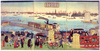 ニュース画像：掛け紙は品川駅仮開業当時の高輪築堤を走り抜ける列車の風景が描かれた錦絵