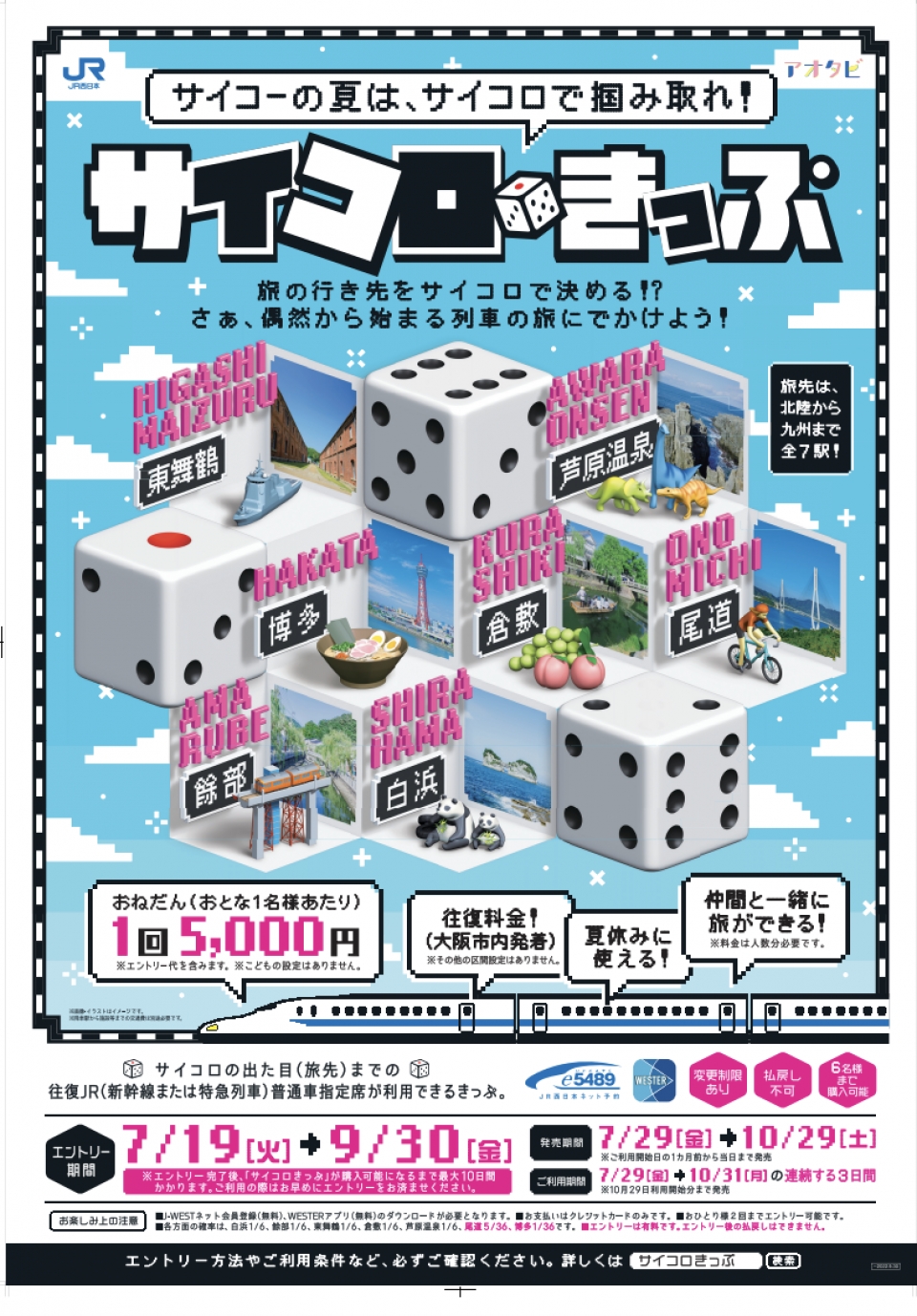 旅先はサイコロで、JR西 6人まで使える往復5,000円きっぷ登場！夏休み