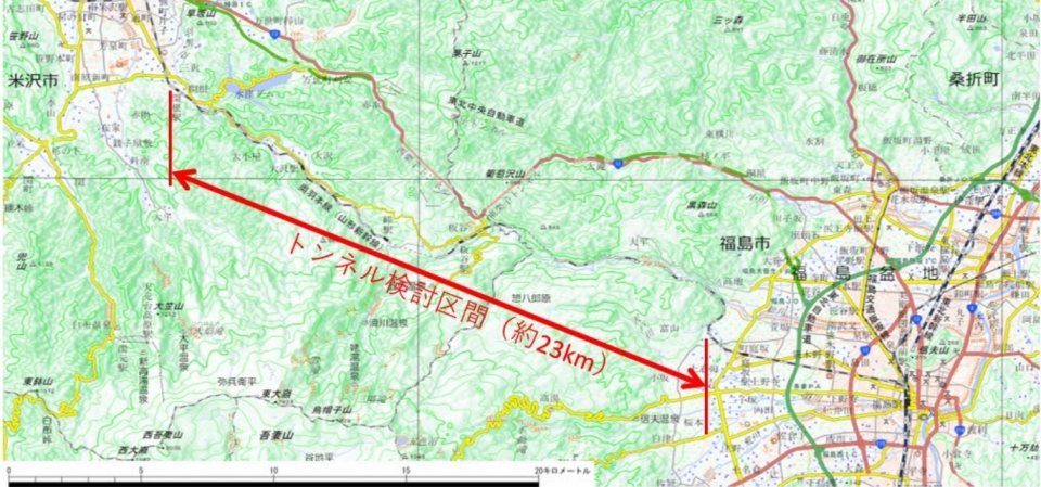 ニュース画像：「米沢トンネル(仮称)」計画区間 - 「山形新幹線が10分速達化へ、新「米沢トンネル」整備に向け覚書締結」