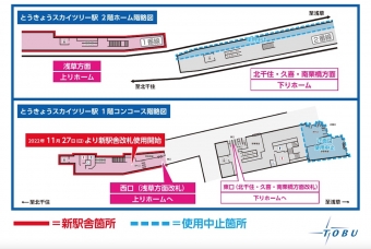 ニュース画像：新駅舎使用開始に伴う変更点 - 「上下線の改札が別々に、東武 とうきょうスカイツリー駅 11/27から新駅舎使用開始」