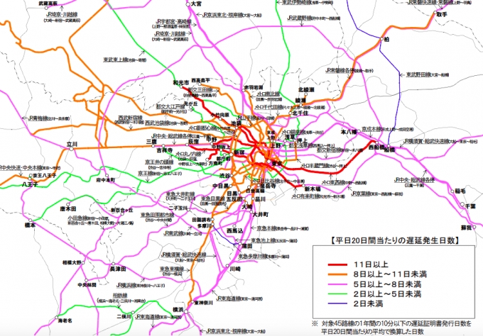 画像：小規模な遅延の発生状況 - 「国土交通省、東京圏の鉄道遅延発生日数を地図化 2016年度分を公表」