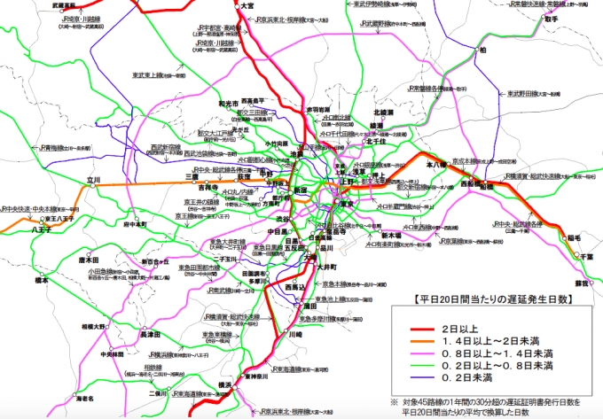 画像：大規模な遅延の発生状況 - 「国土交通省、東京圏の鉄道遅延発生日数を地図化 2016年度分を公表」