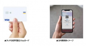 ニュース画像：タッチ決済可能なVisaカードとQR乗車券イメージ