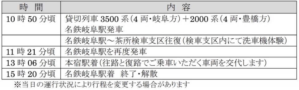 ニュース画像：ツアー行程 - 「名鉄3500系 デビュー30周年記念、2000系との“特別編成による貸切列車の旅” 6月25日開催」