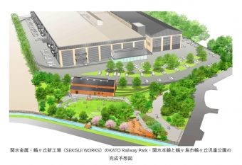 ニュース画像：関水金属・鶴ヶ丘新工場（SEKISUI WORKS）のKATO Railway Park・関水本線と鶴ヶ島市鶴ヶ丘児童公園の完成予想図