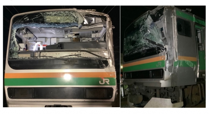 ニュース画像：先頭車前面損傷の様子 進行左側の損傷大 - 「JR東日本、東海道線 大船駅で列車と電化柱が直撃 画像公開 8月5日」