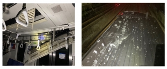 ニュース画像：先頭車客室損傷(左)、屋根損傷(右)の様子
