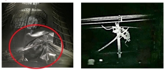 ニュース画像：空調装置損傷(左)、パンタグラフ損傷(右)の様子