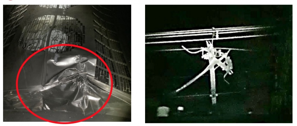 ニュース画像 3枚目：空調装置損傷(左)、パンタグラフ損傷(右)の様子